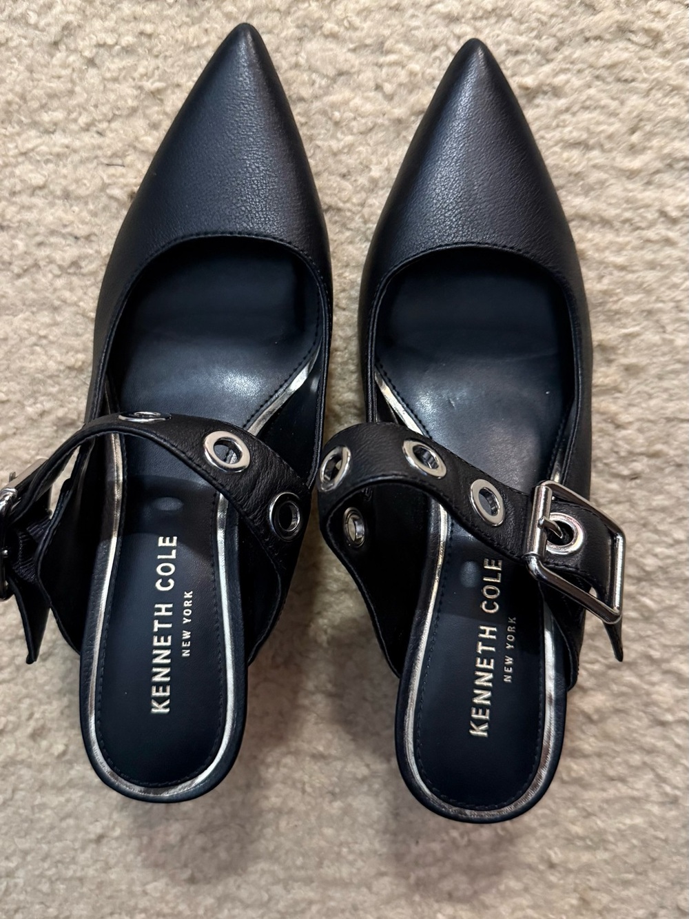 Kenneth Cole Black Pointed Slingback Mary Jane Mules with Grommet Strap